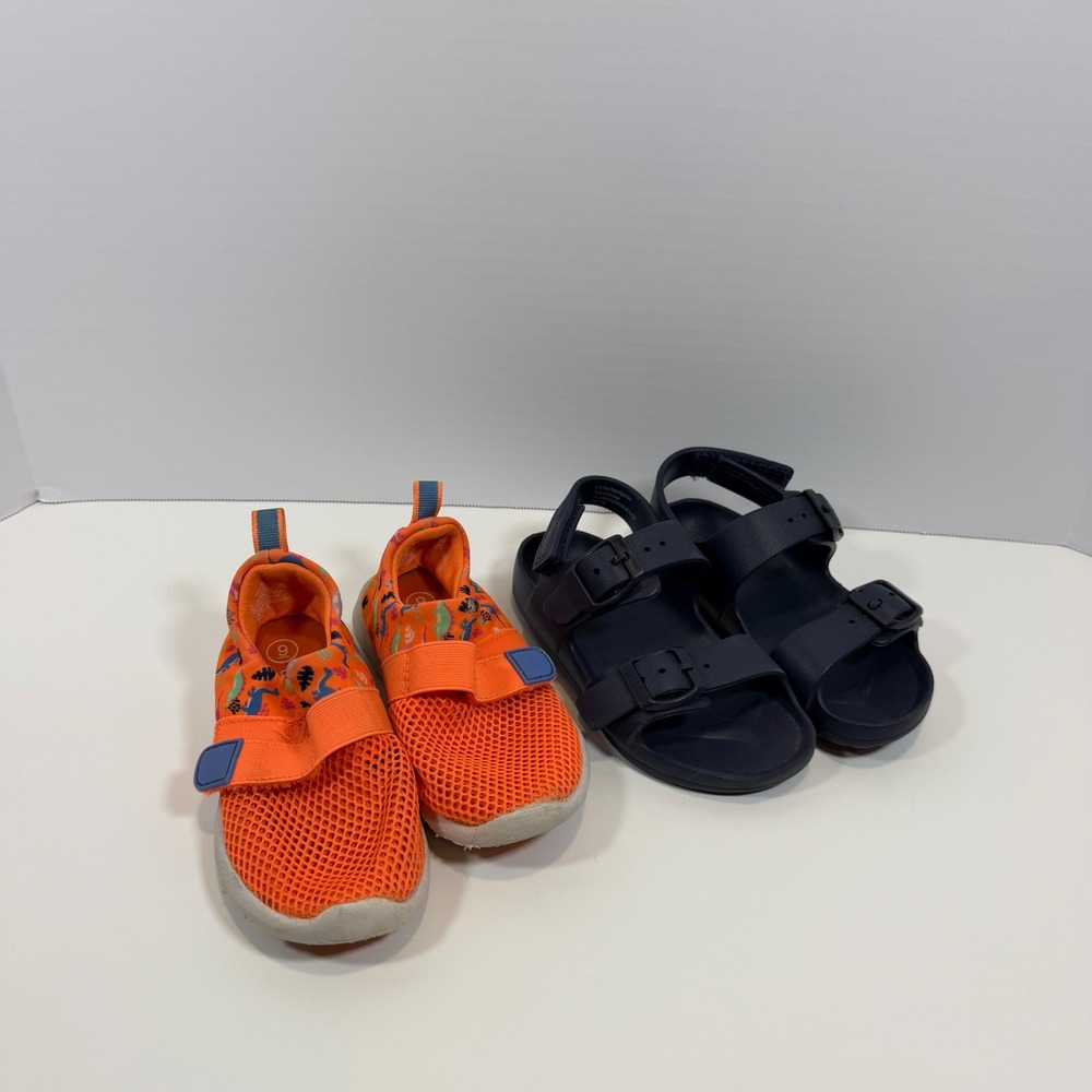 Cat & Jack Toddler Boys Size 9 Bundle Orange Dino Water Shoes & Navy EVA Sandals